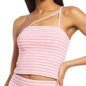 AFRM Ribbed Knit Saddle One Shoulder Striped Crop Top Barbie Pink Women's Medium